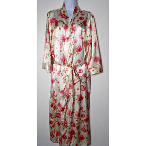 Vintage Expressions Robe Silky Satin Long 1X White Pink Roses Floral Belted Tie